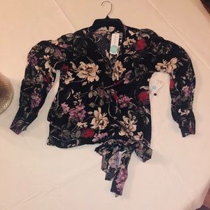 NWT Dark Gray floral  wrap blouse